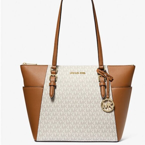 Michael Kors Charlotte $448 Large Logo & Leather Top Zip Tote Bag Vanilla NWT - Picture 1 of 6